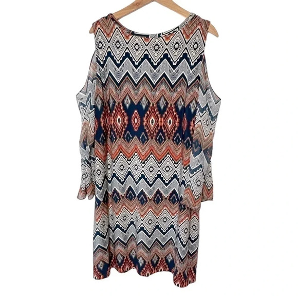 R & K 18W multi-color boho print cold shoulder sheer bell sleeves dress - Picture 2 of 6